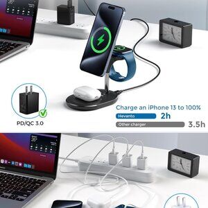 HEVANTO 3 in 1 Wireless Charging Station, Black, 15W Fast Mag-Safe Charger ~ NEW